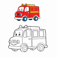 A fun cartoon fire truck coloring page, featuring a bright red engine, ladder, hoses, and cheerful details—perfect for kids to color and spark creativity!
