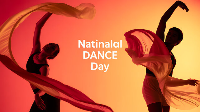 Silhouettes of dancers performing with flowing scarves against a warm gradient background for National Dance Day