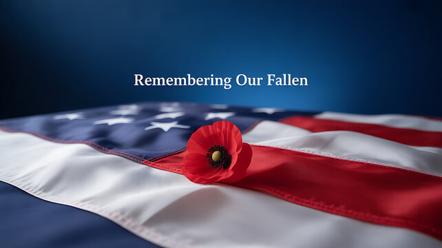 A red poppy placed on an American flag with the text 'Remembering Our Fallen' against a dark background