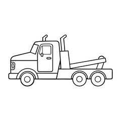 A fun cartoon big rig tow truck coloring page, featuring a friendly, oversized tow truck ready to haul with bold lines and playful details for kids to color.
