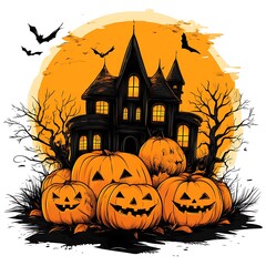 Halloween castle with pumpkins.  Spooky silhouette castle, lit windows, surrounded by jack-o'-lanterns in orange, under a large orange sun/moon. Bats fly around