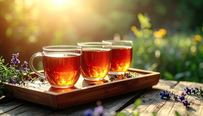 Fototapeta premium Golden Hour Tea: Three Glass Cups on Wooden Tray with Lavender Accents