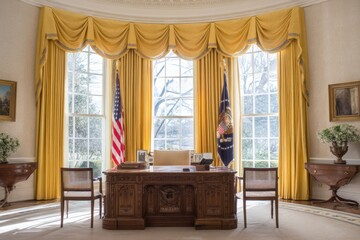Elegant office with large windows, yellow drapes, a grand wooden desk, and US flags, exuding authority and sophistication