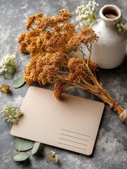 Aesthetic autumn postcard with blank postcard mockup with pastel autumn background , minimalist postcard mockup with dashed address lines in pastel autumn postcard mockup perfect for mailing 