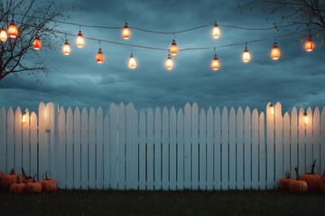 White picket fence autumn evening pumpkins string lights bokeh cozy backyard halloween decor.