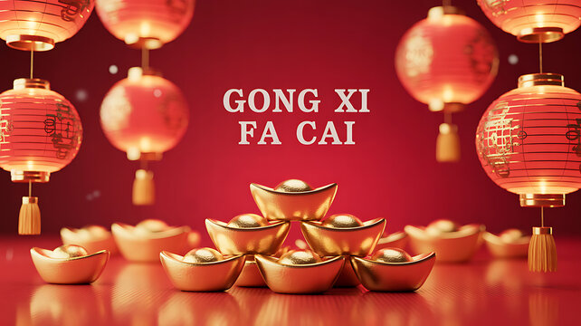 Golden ingots and red lanterns arranged for Chinese New Year celebration with 'Gong Xi Fa Cai' text on a red background