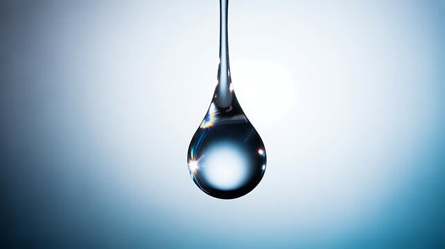 A single water droplet suspended in mid-air against a soft blue gradient background