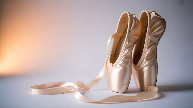 A pair of beige ballet pointe shoes with ribbons tied, placed on a soft-lit surface.