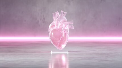 Translucent Pink Heart Anatomy on Glossy Gray Surface with Neon Lighting Medical Illustration