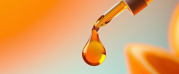 Golden serum droplet falling onto vibrant orange background from glass dropper, glass, health
