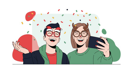 Cheerful Cartoon Couple Celebrating New Year and Taking Selfie Illustration
