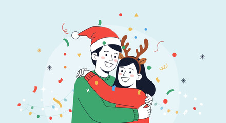 Minimalist Couple Illustration Celebrating Christmas Holiday Season with Warm Hug