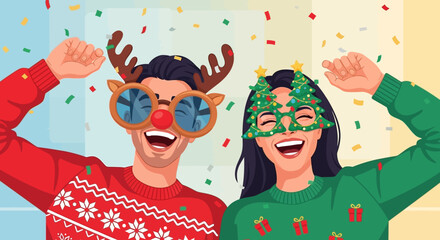 Festive Flat Illustration of Cheerful Couple Celebrating Christmas Holiday Season