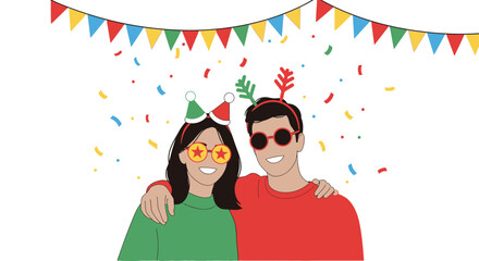 Cheerful Illustration of Couple Celebrating with Colorful Confetti and Garland Decoration