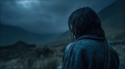 A solitary figure with wet hair stands in a misty, mountainous landscape under a moody, overcast sky