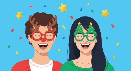 Cheerful Flat Illustration of Couple Celebrating Christmas with Festive Glasses