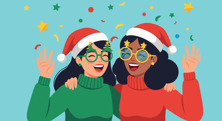 Cheerful Flat Style Christmas Celebration with Smiling Friends Illustration