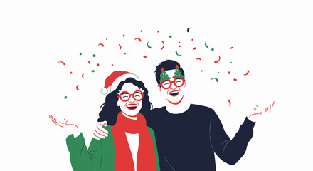 Flat Celebration Couple Enjoying Christmas Eve Party with Confetti Elements Illustration