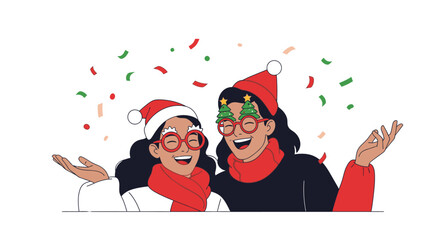 Colorful Lineart Celebrating Friends Wearing Christmas Hat Illustration Design