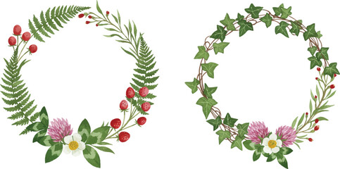 Two floral wreaths featuring ferns ivy and berries on transparent background