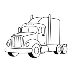A bold red semi-truck coloring page, showing a powerful big rig with detailed cab, trailer, and wheels, ready for kids to color and bring it to life.
