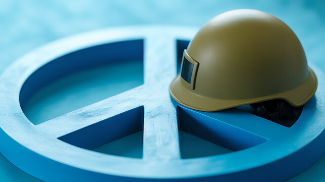 Hard hat resting on a blue peace symbol, symbolizing safety and peace in industrial or construction contexts.