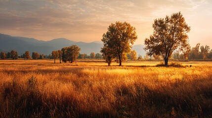 Obraz premium Autumn field landscape golden trees sunset mountains countryside thanksgiving harvest scenery.