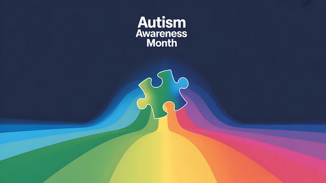 Autism Awareness Month graphic featuring a colorful puzzle piece on a rainbow path