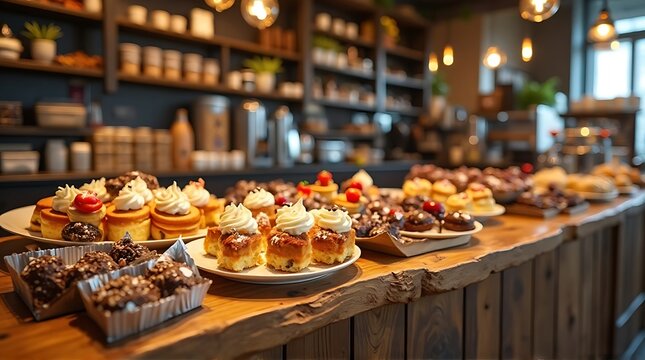 Assortment of pastries and desserts displayed on a rustic wooden counter in a cafe.