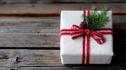 Wrapped Gift Box with Red Ribbon and Evergreen Sprig on Rustic Wood Surface Still Life