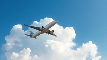Fototapeta premium Commercial airliner ascending through clouds against blue sky, aviation.