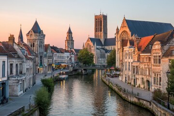 Obraz premium Historic European cityscape at sunset featuring a canal, medieval buildings, and impressive church towers