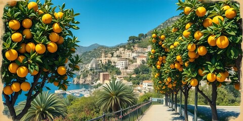 Vintage Amalfi Coast lemon grove scene; retro travel postcard design,   wall decor,   vacation