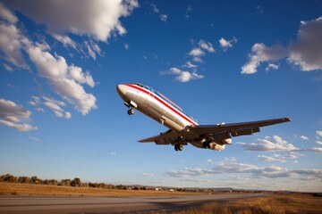 Naklejka premium A commercial airplane takes off from a runway under a bright blue sky dotted with scattered clouds