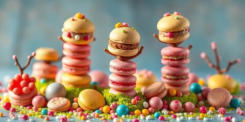 Whimsical macaron trees & candy, vibrant colors, cheerful dessert setting,  joyful,  pastel