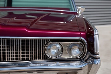Classic red vintage car front view with chrome accents and dual headlights, parked outdoors in bright sunlight