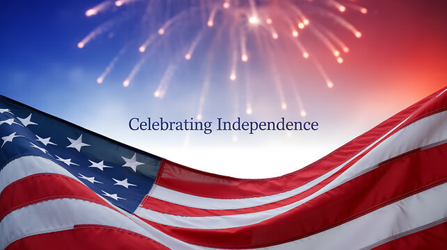 American flag waving with fireworks in the sky during Independence Day celebration