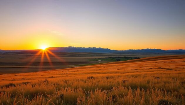 Golden sunrise paints swathed prairie field, Rocky View County, Alberta  Rolling hills, distant mountains,  backdrop,  nature