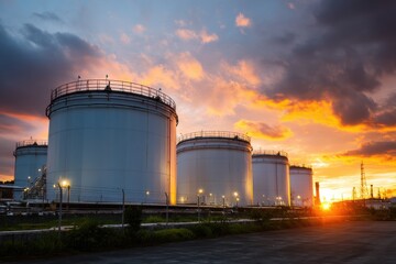 Obraz premium Large industrial storage tanks are silhouetted against a dramatic sunset sky at a refinery or fuel facility