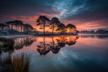 Obraz premium A serene lake reflects silhouetted trees at sunrise with dramatic clouds and vibrant colors filling the sky