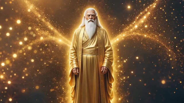 a close up of a man in a golden robe standing in front of a golden background