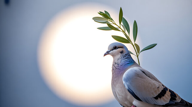 A dove holding an olive branch with a bright circular light in the background