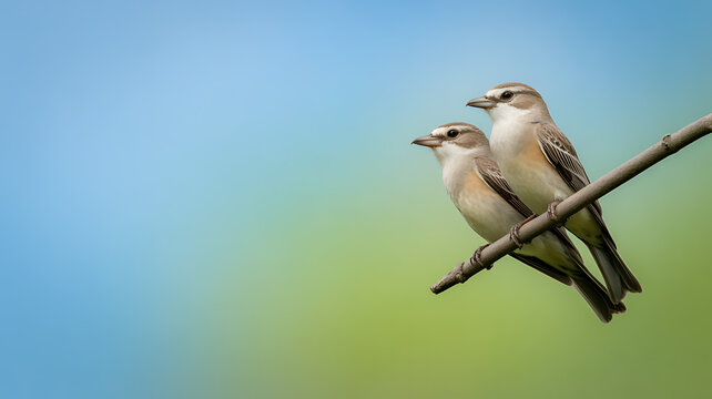 Two small birds perched together on a branch against a soft blue and green background