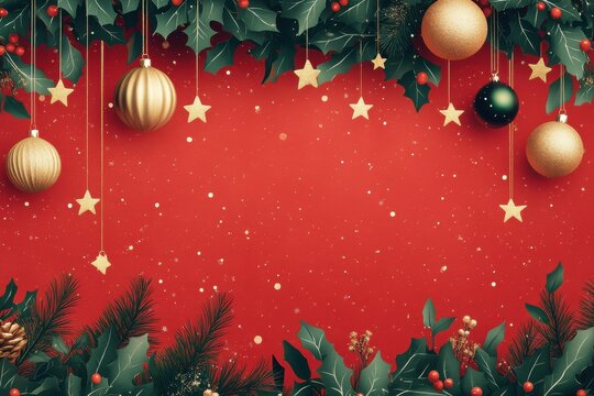 Festive Christmas-themed mobile wallpaper with holly leaves and golden ornaments on a vibrant red background