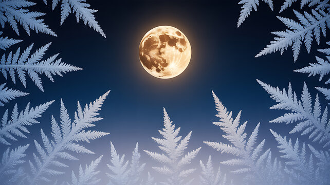 Full moon glowing in night sky surrounded by frosty fern patterns