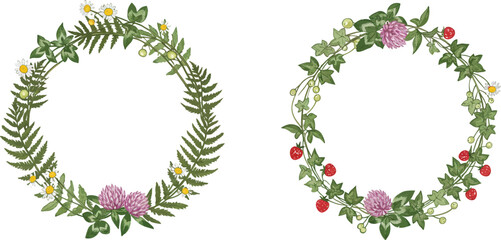 Two botanical wreaths with wildflowers ferns and berries on transparent background