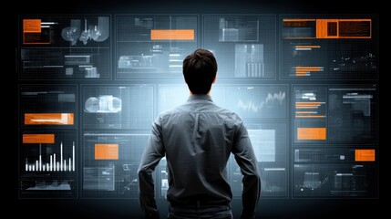 A man stands in front of multiple digital screens analyzing data visualizations and futuristic graphs in a high-tech environment