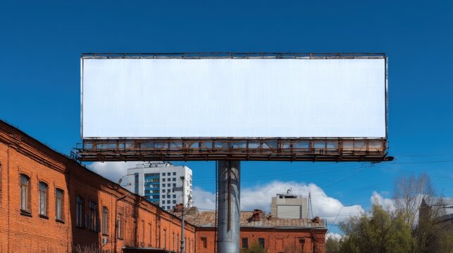A large blank billboard stands above red brick buildings under a clear blue sky with scattered clouds and some urban greenery