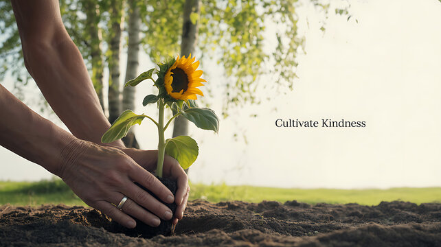 Hands planting a young sunflower in soil with the text 'Cultivate Kindness' displayed