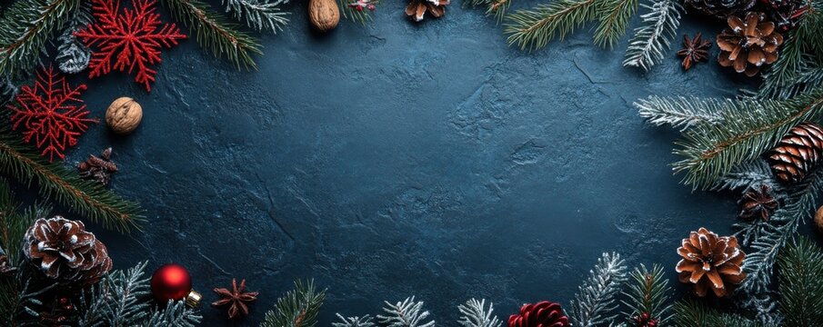 Festive Christmas background with pine branches, red snowflakes, and pinecones on dark blue